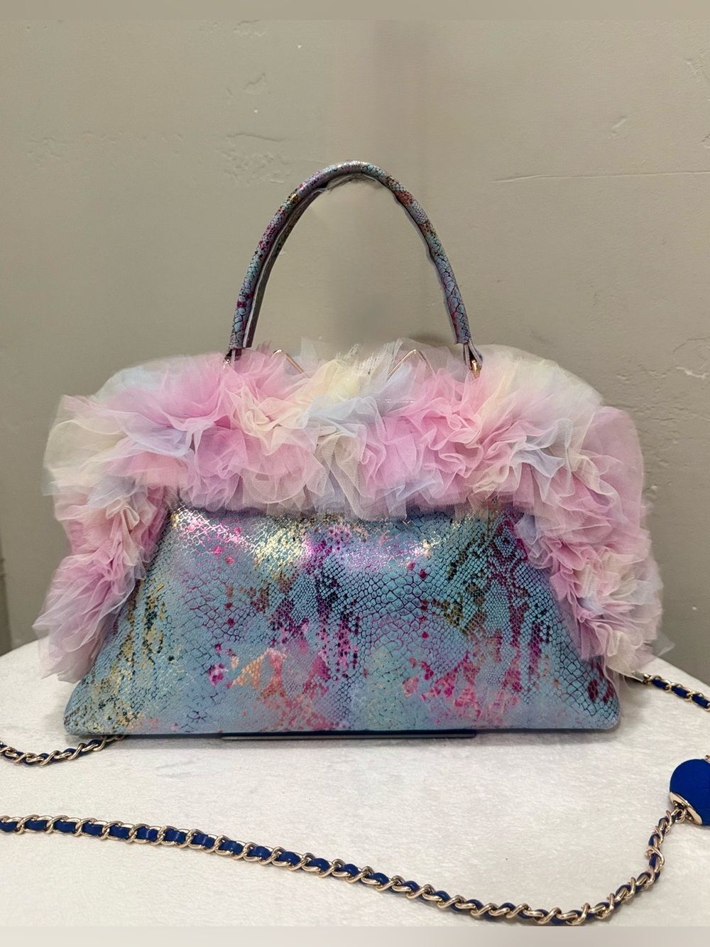 Unique Iridescent Leather With Lace Ruffle Trim Handmade Push Lock Frame Bag